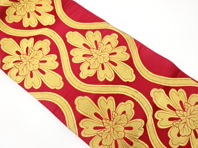 JAPANESE KIMONO / ANTIQUE FUKURO OBI / WOVEN FLORAL TATEWAKU PATTERN